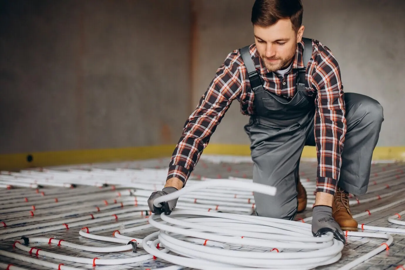 A service man installing a house heating system beneath the floor.
